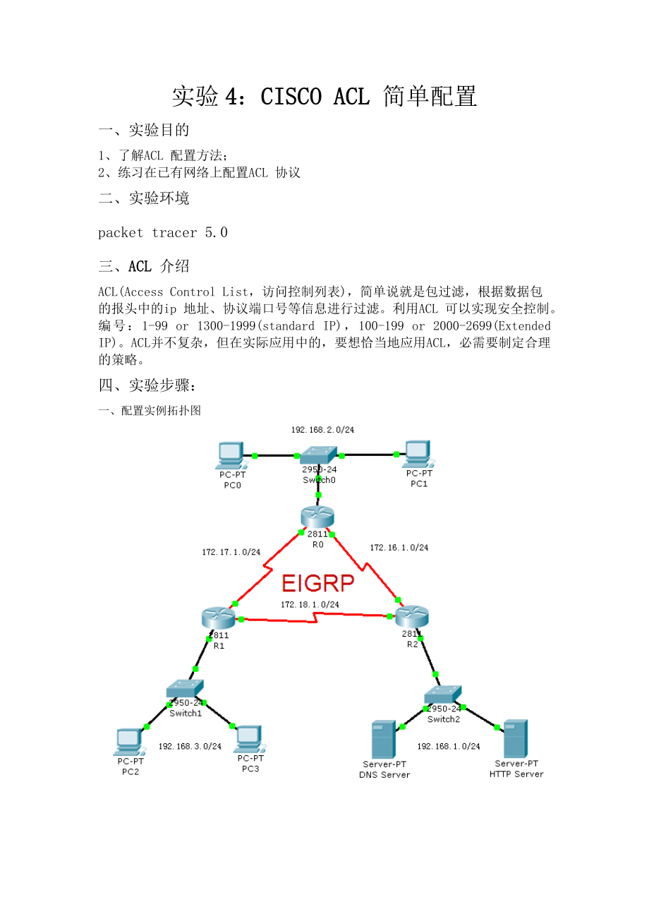 Cisco Packet Tracer实验4：CISCO ACL 简单配置_第1页