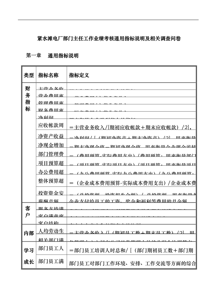 紧水滩电厂部门主任工作业绩考核通用指标说明及相关调查问卷_第1页