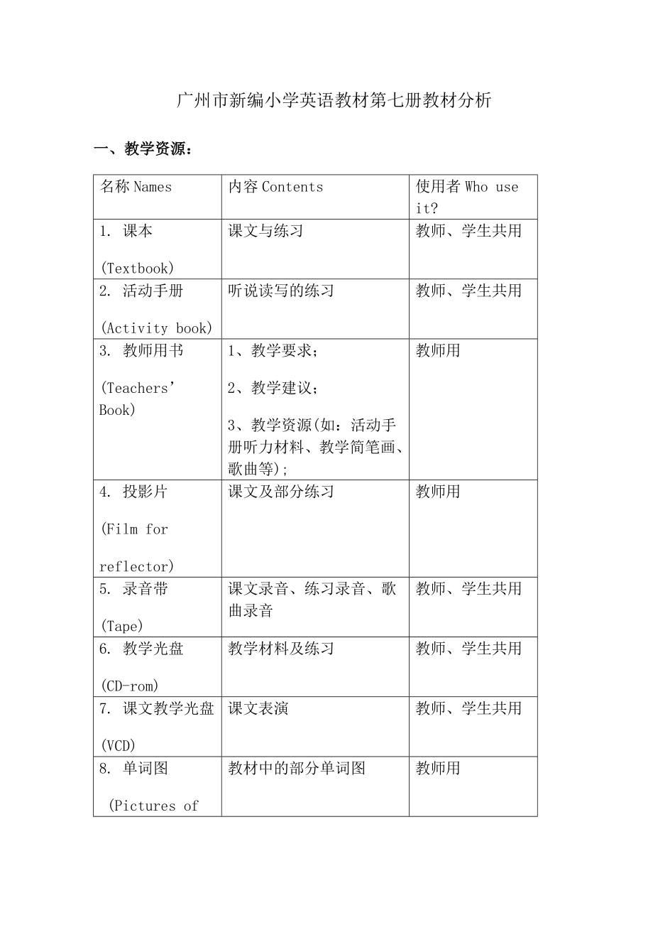 广州市新编小学英语教材第七册教材分析_第1页