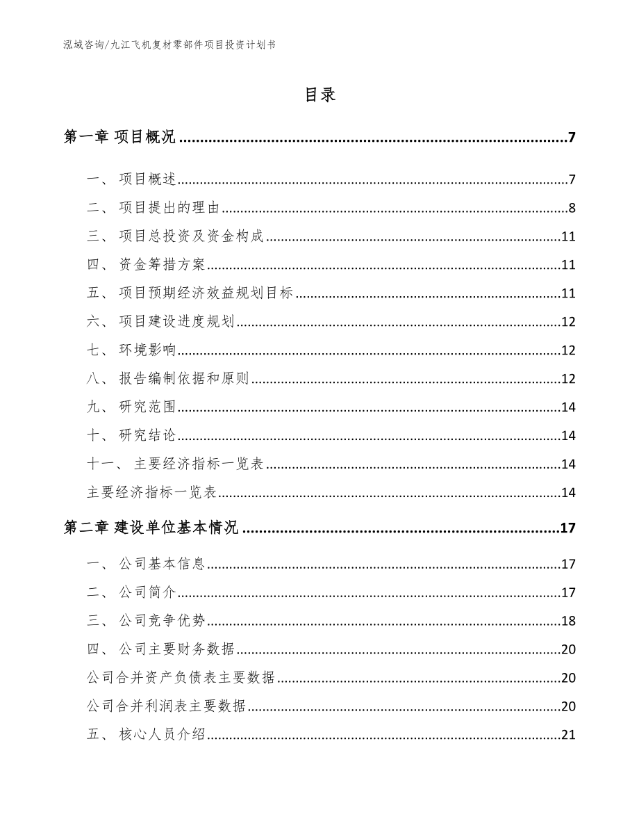 九江飞机复材零部件项目投资计划书模板参考_第1页