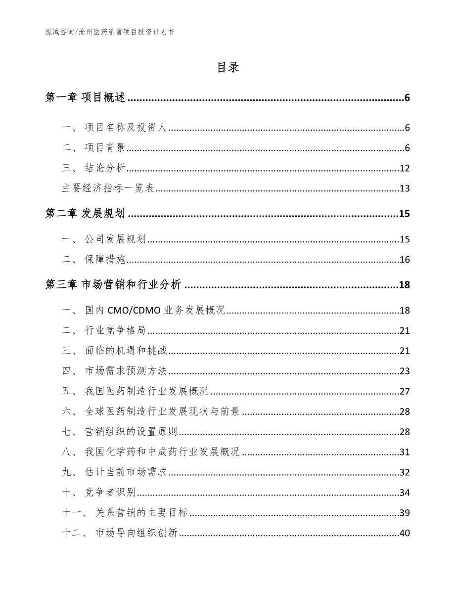 沧州医药销售项目投资计划书【范文模板】_第1页