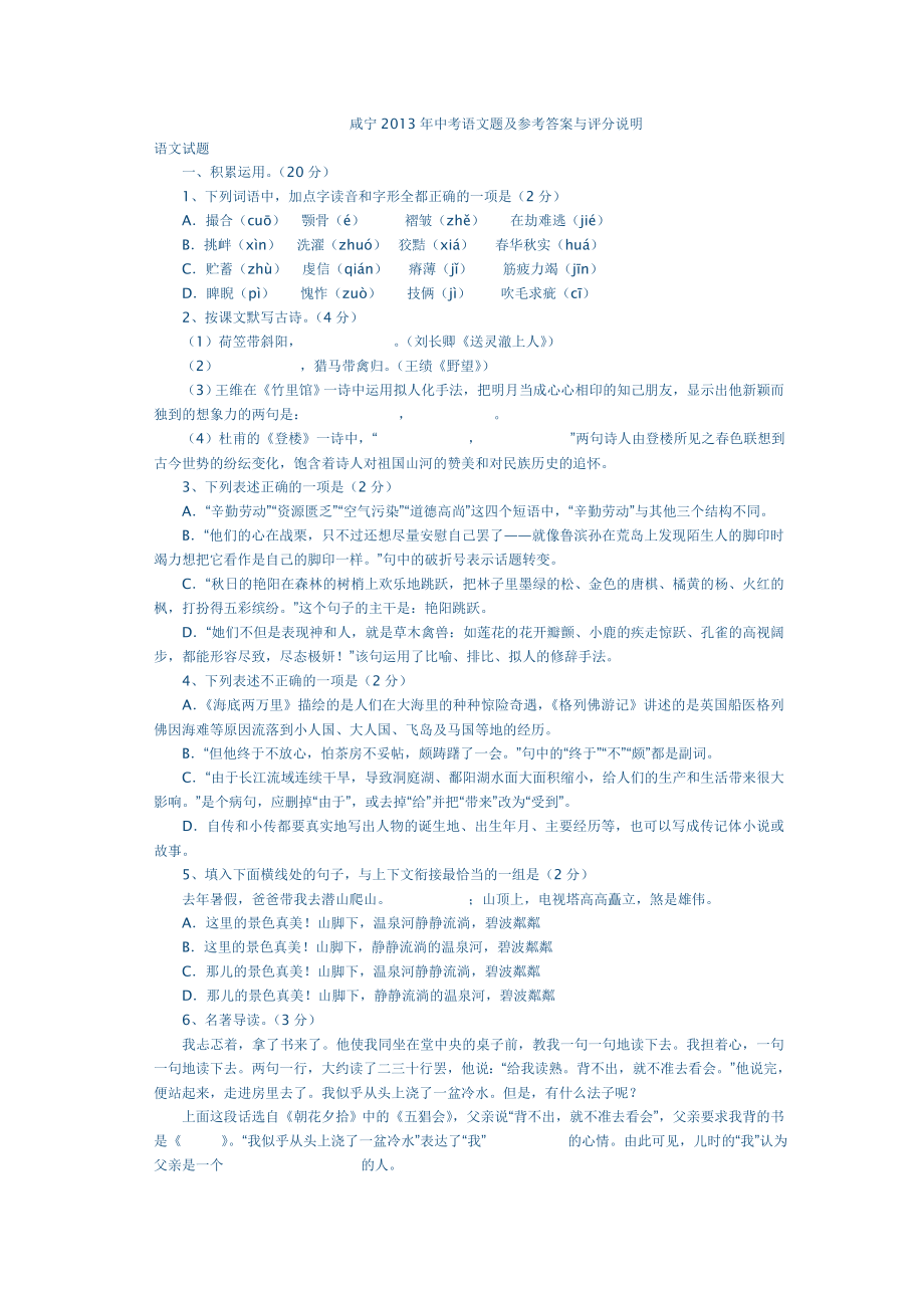 咸宁2013年中考语文题及参考答案与评分说明_第1页