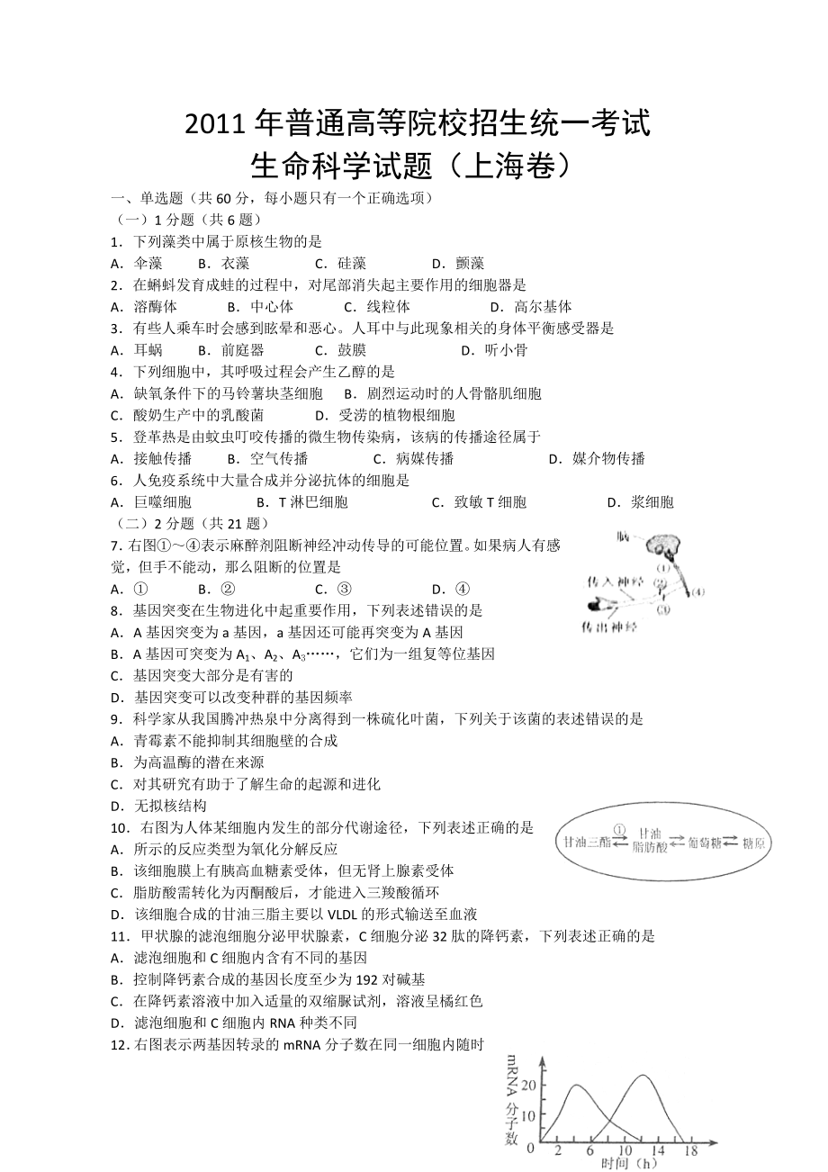 2011年全国高考生物试题及答案-上海_第1页