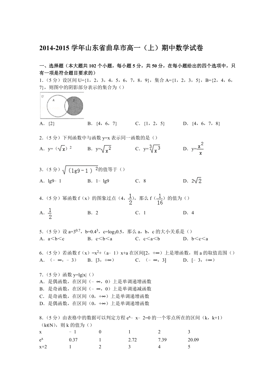 山东省曲阜市2014-2015学年高一上学期期中数学试卷_第1页