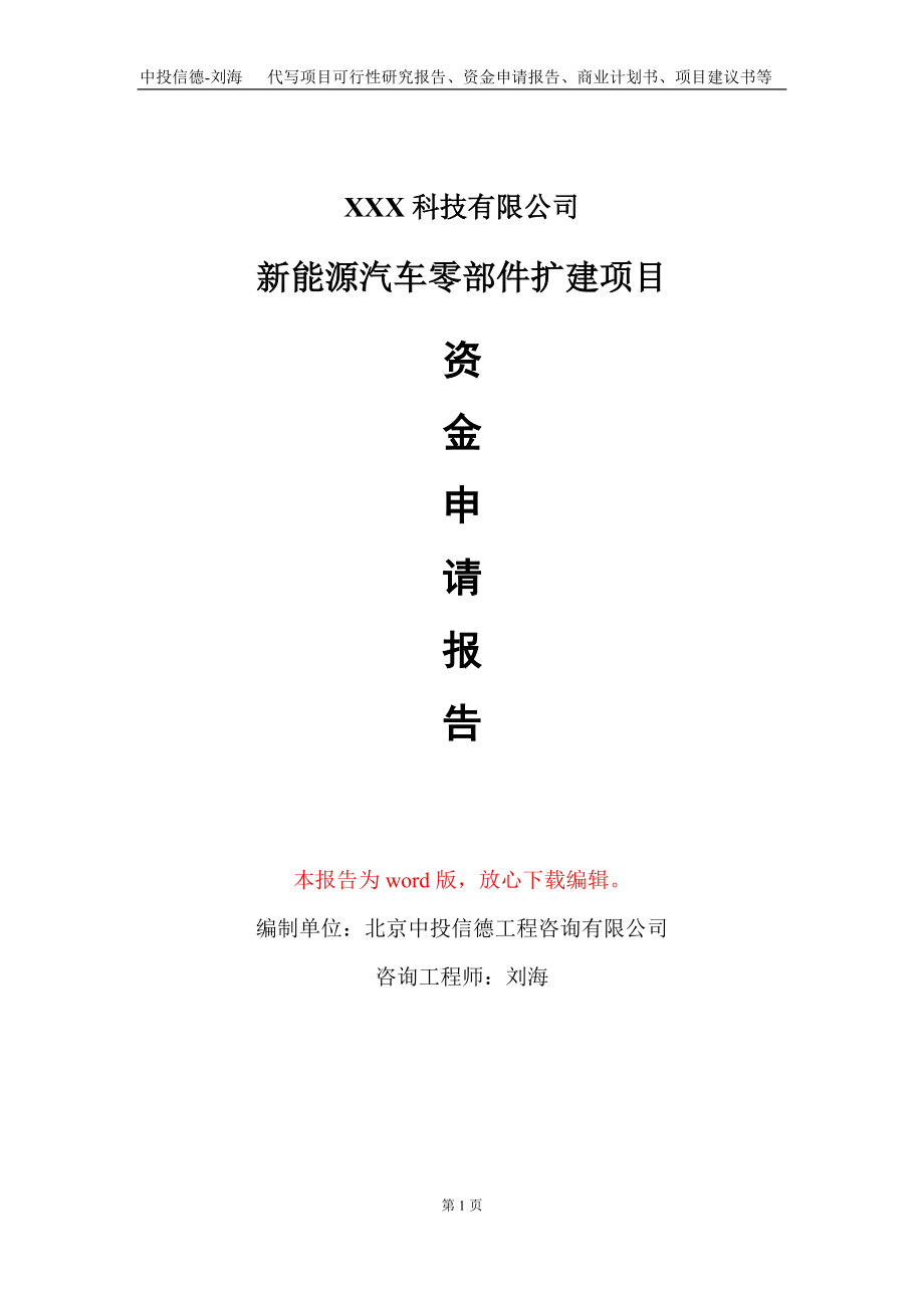 新能源汽车零部件扩建项目资金申请报告写作模板_第1页