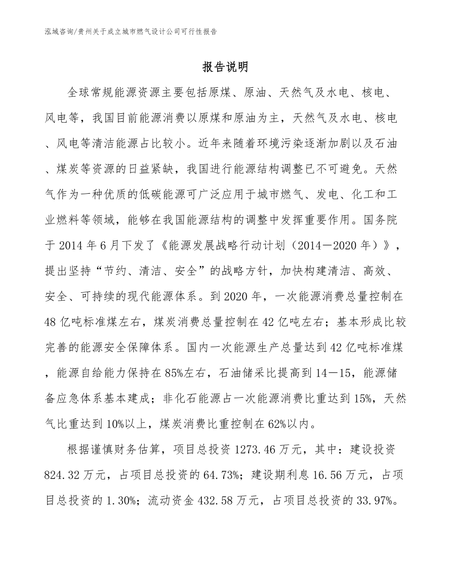 贵州关于成立城市燃气设计公司可行性报告_模板参考_第1页