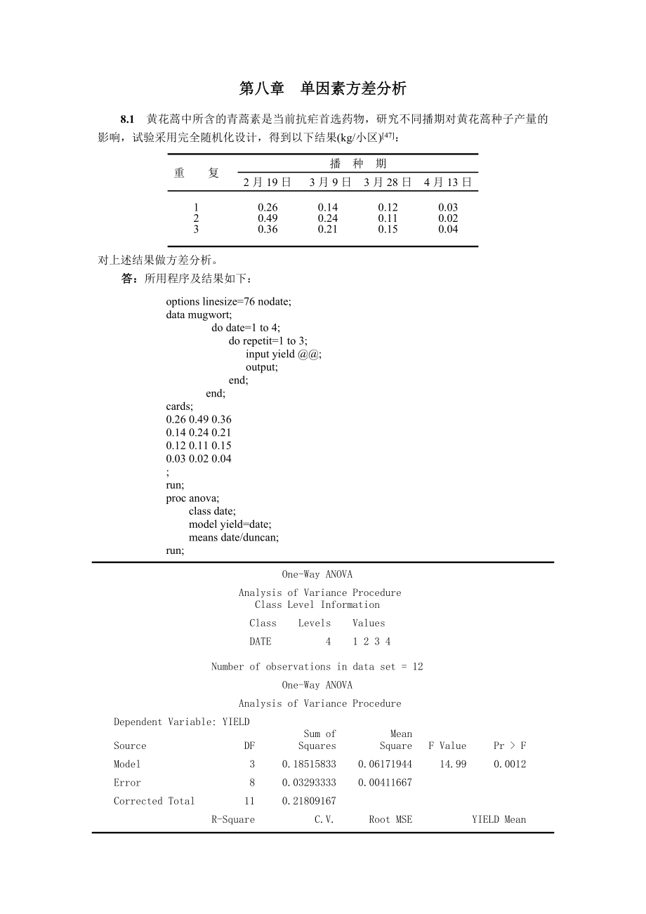 生物统计学(第3版)杜荣骞 课后习题答案 第八章单因素方差分析_第1页