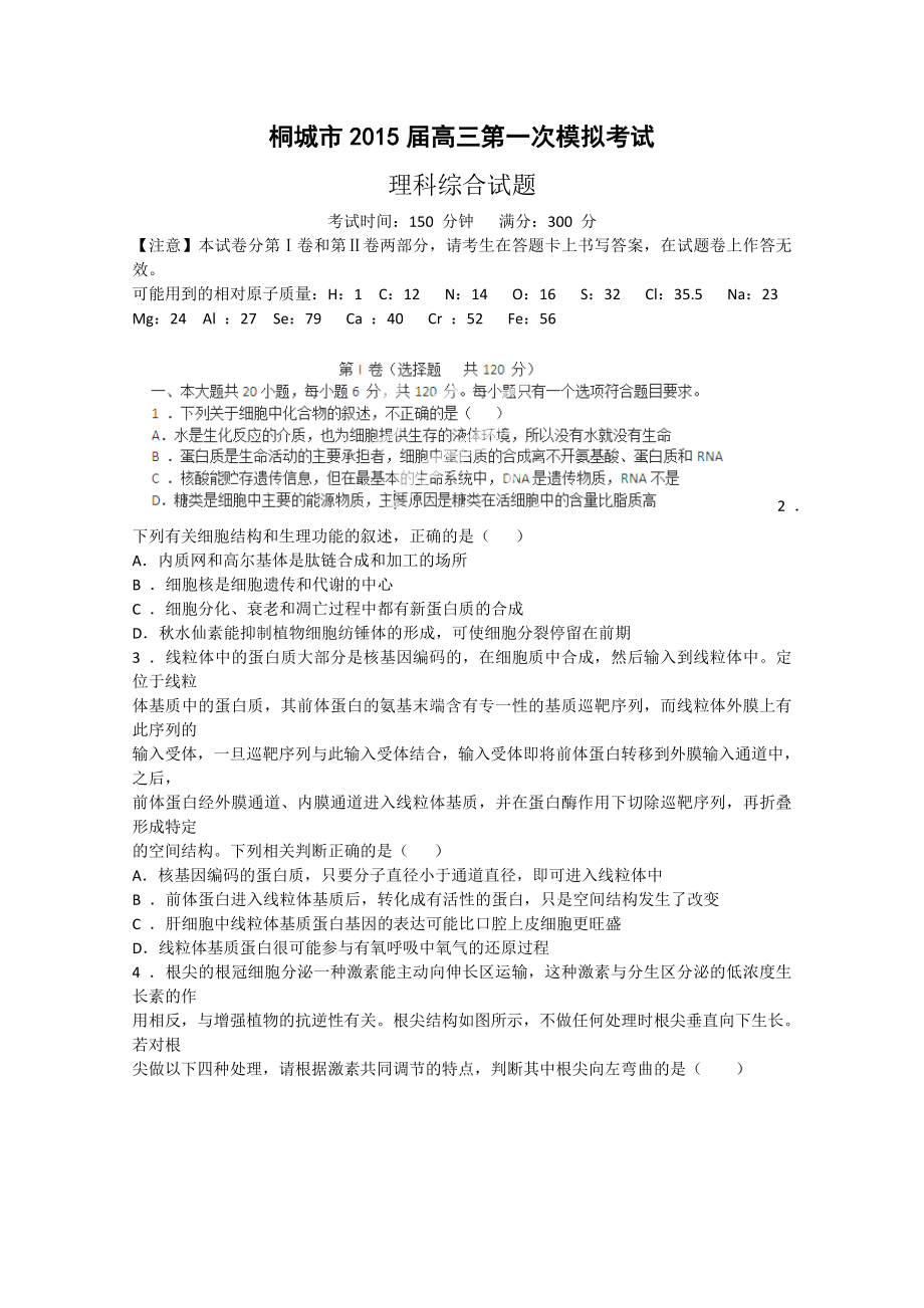安徽省桐城市2015届高三第一次模拟考试理综试卷_第1页