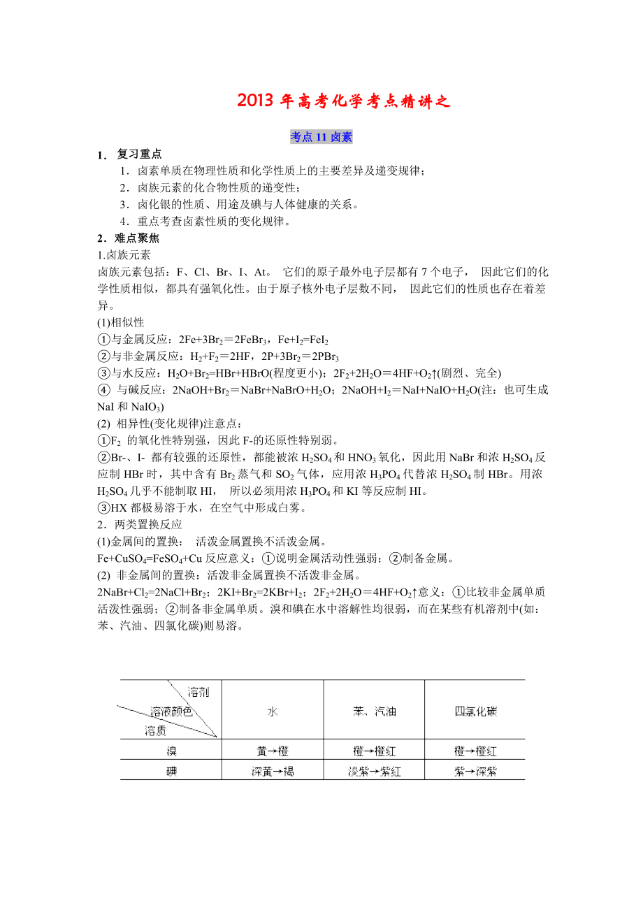 2013高考化学考点精讲考点11卤素_第1页