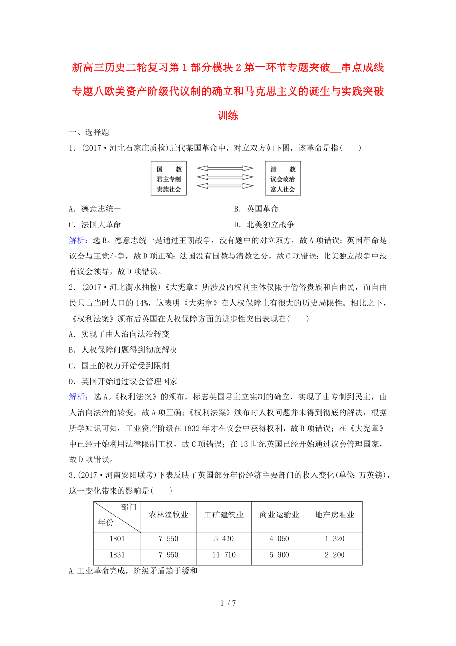 新高三歷史二輪復習第1部分模塊2第一環(huán)節(jié)專題突破-串點成線專題八歐美資產(chǎn)階級代議制的確立和馬克思主義的_第1頁