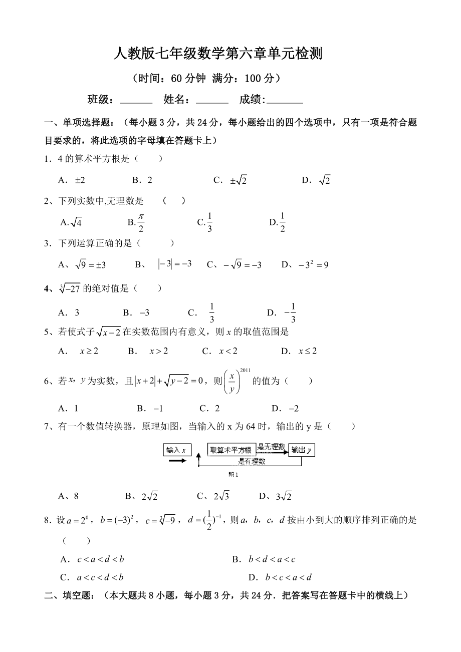 人教版七級下冊數(shù)學(xué)《第六章實數(shù)》單元檢測題含答案_第1頁