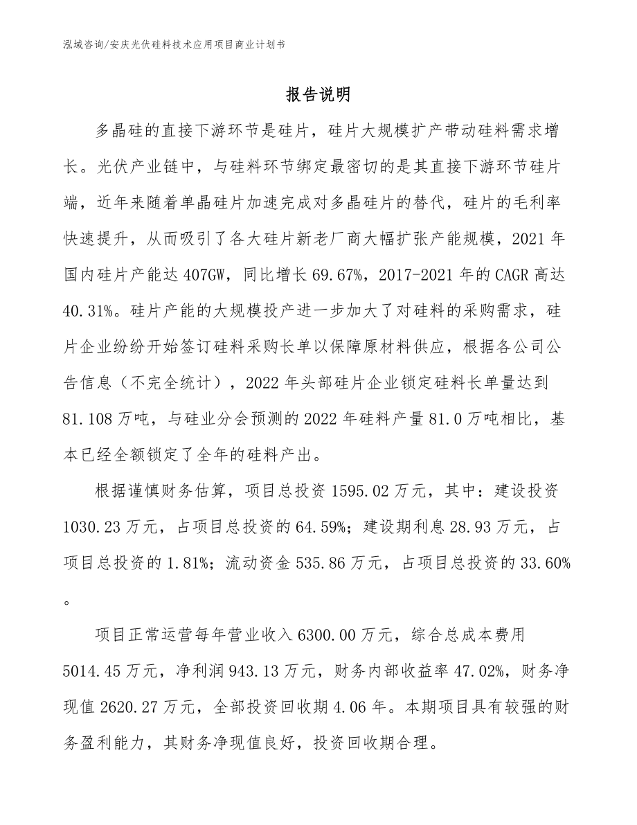 安庆光伏硅料技术应用项目商业计划书_第1页