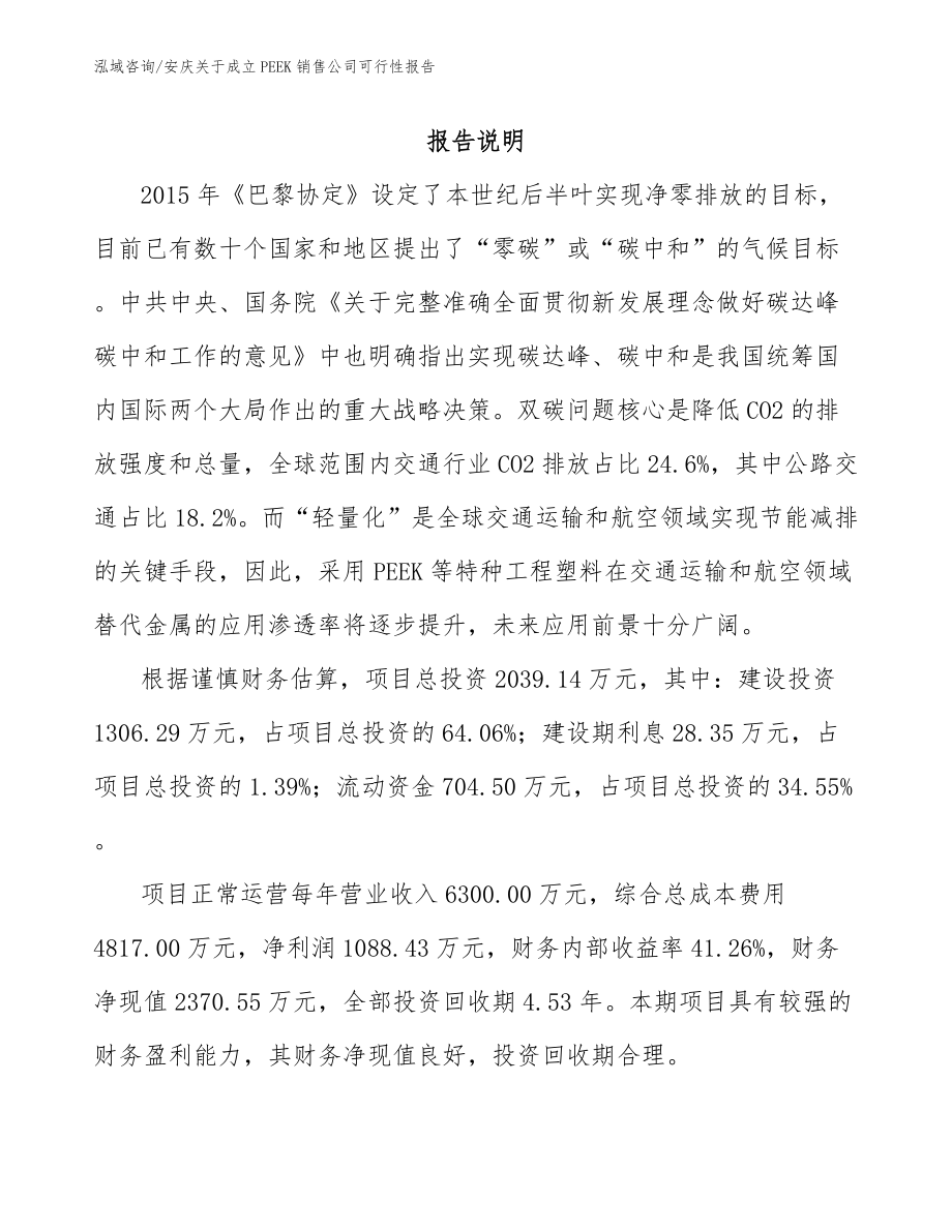 安庆关于成立PEEK销售公司可行性报告（模板）_第1页
