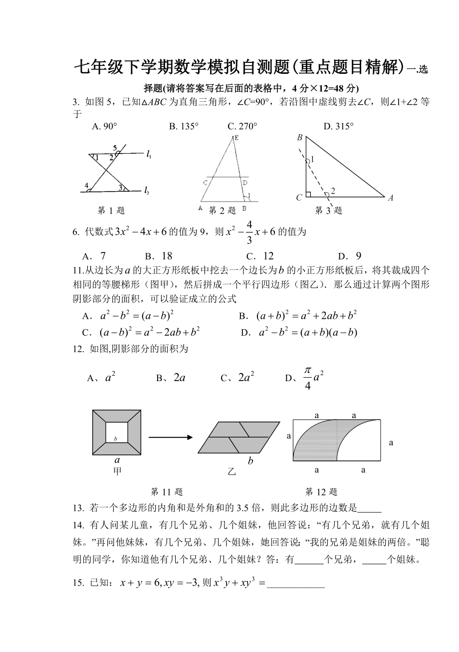 七年级下学期数学模拟自测题(重点题目精解)_第1页