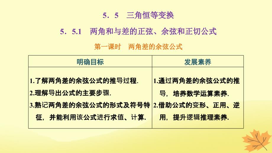 2022年秋新教材高中数学第五章三角函数5.5三角恒等变换5.5.1两角和与差的正弦余弦和正切公式第一课时两角差的余弦公式课件新人教A版必修第一册_第1页