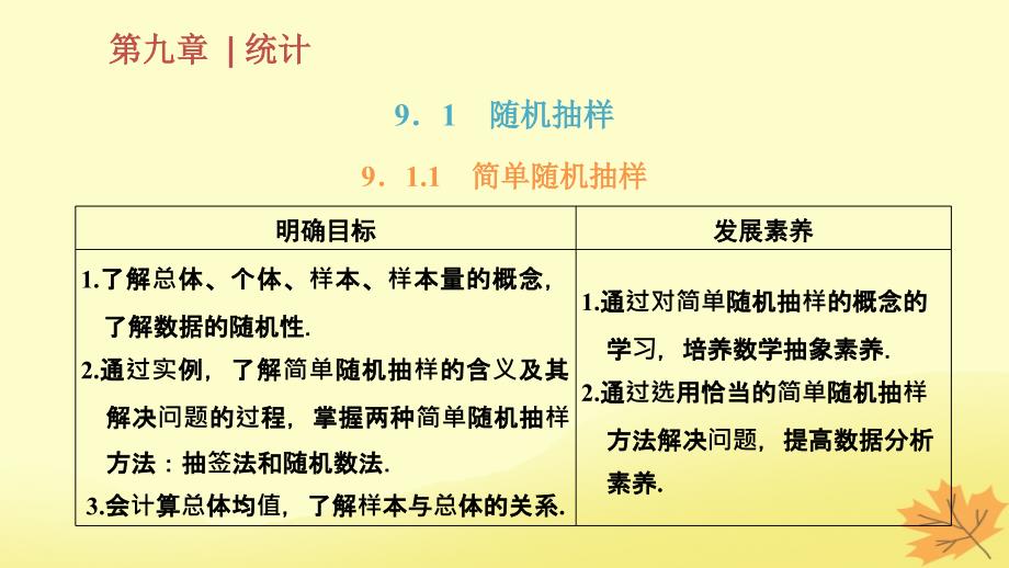 2022年秋新教材高中数学第九章统计9.1随机抽样9.1.1简单随机抽样课件新人教A版必修第二册_第1页