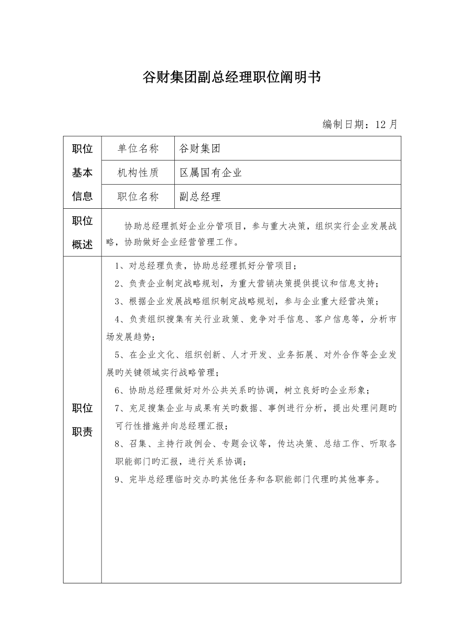 谷财集团副总经理职位说明书_第1页