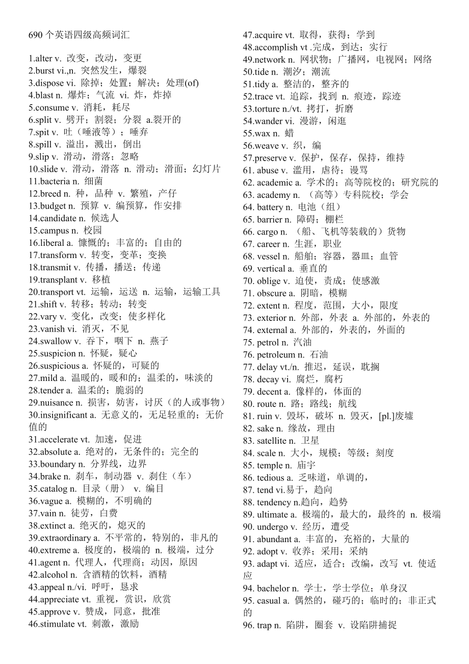 690个英语四级高频词汇_第1页