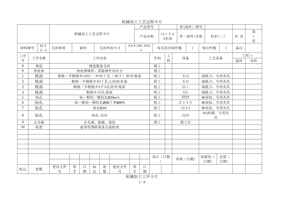 杠杆二工艺过程卡与工序卡_第1页