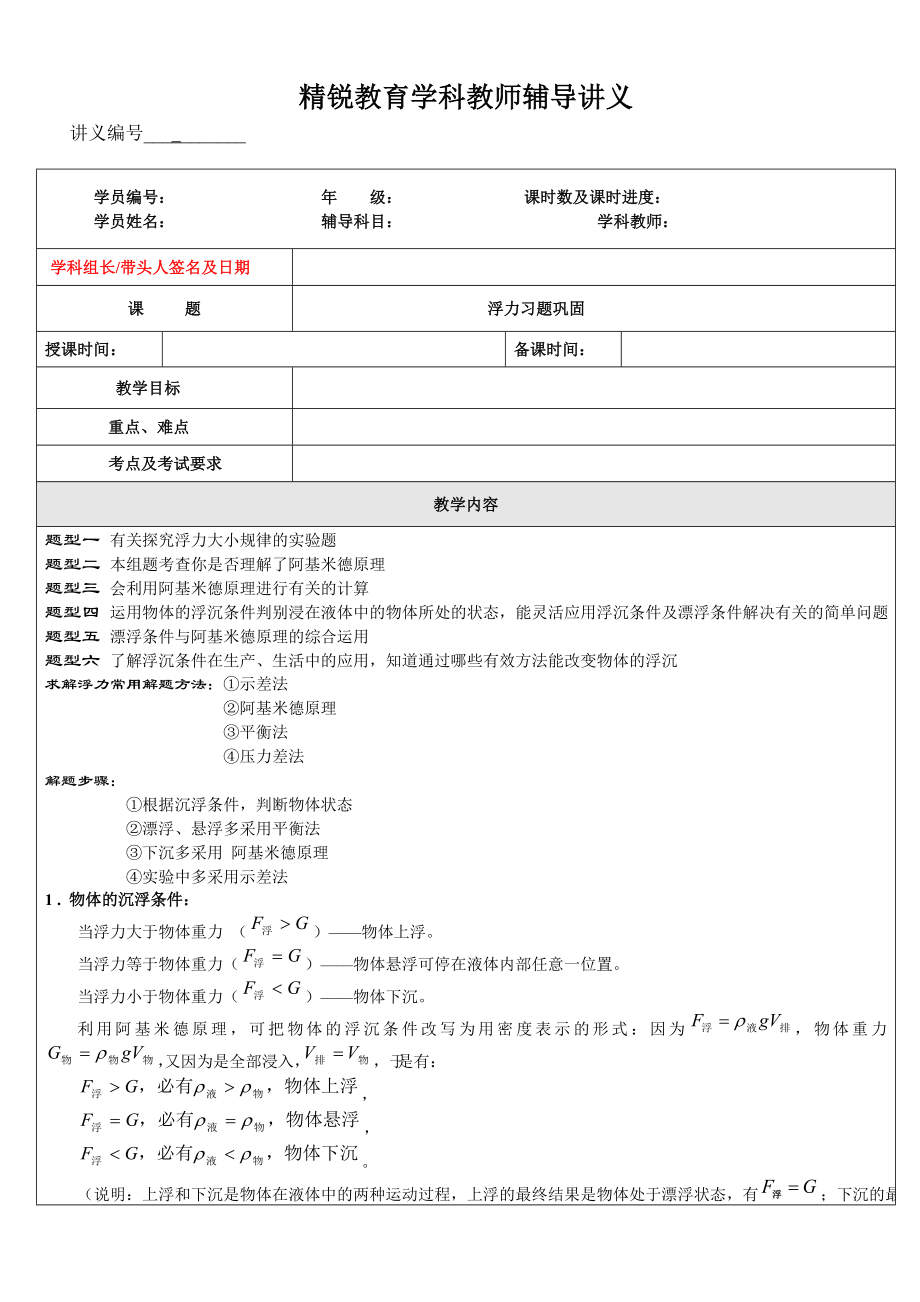 浮力题型、解题方法归纳_第1页