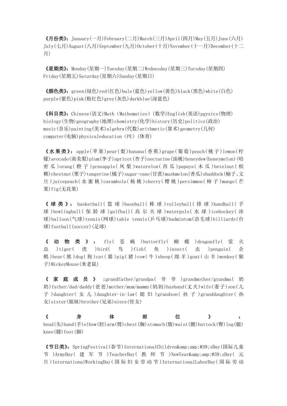 英语单词-月份节日星期家人水果球类科目汇聚_第1页