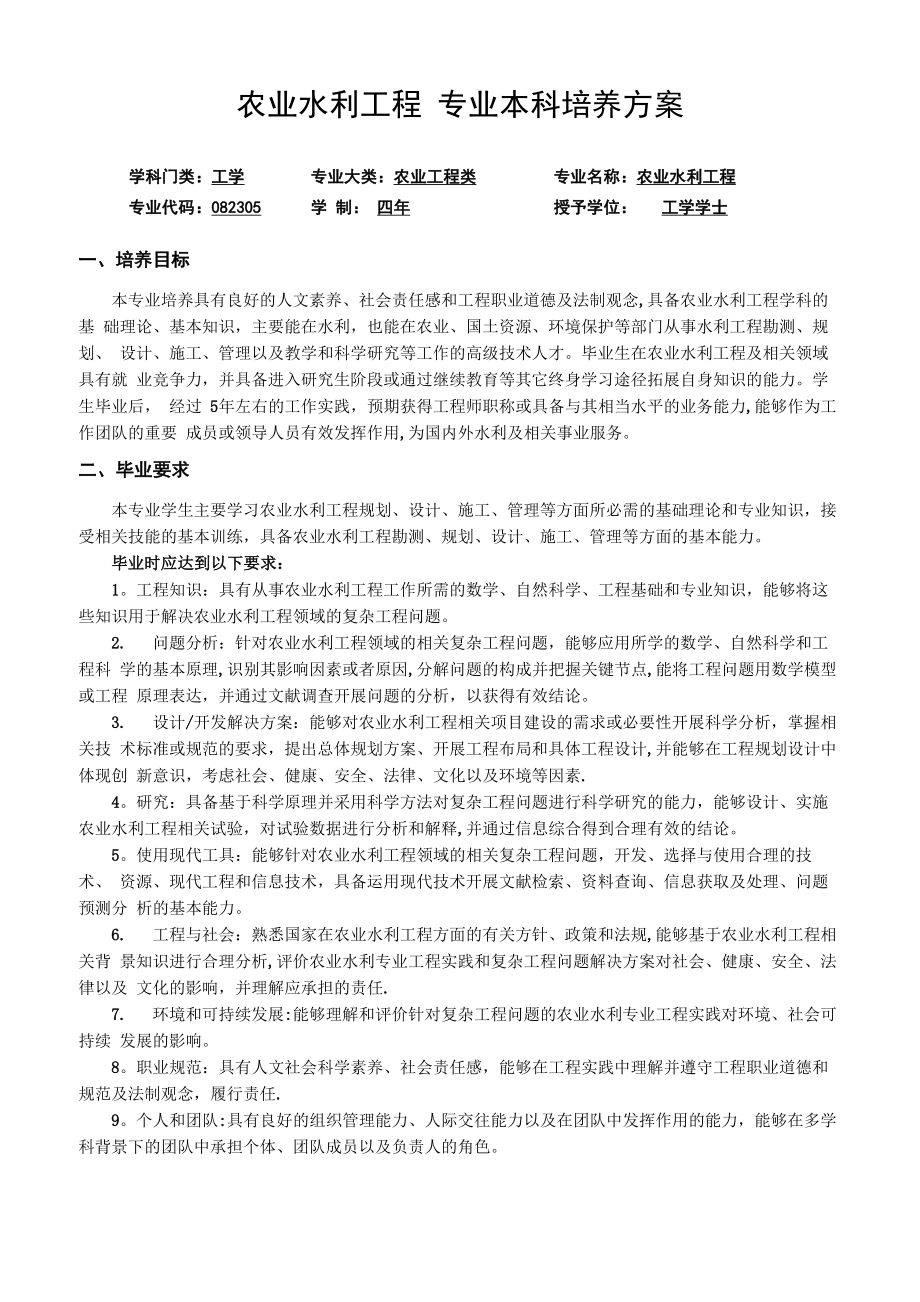 农业水利工程专业本科培养方案_第1页