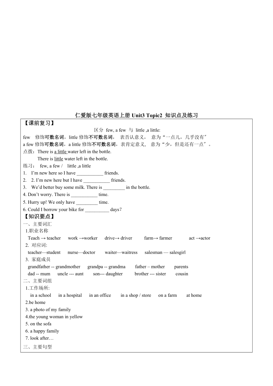 仁愛版七年級英語上冊Unit3 Topic2 知識點及練習_第1頁