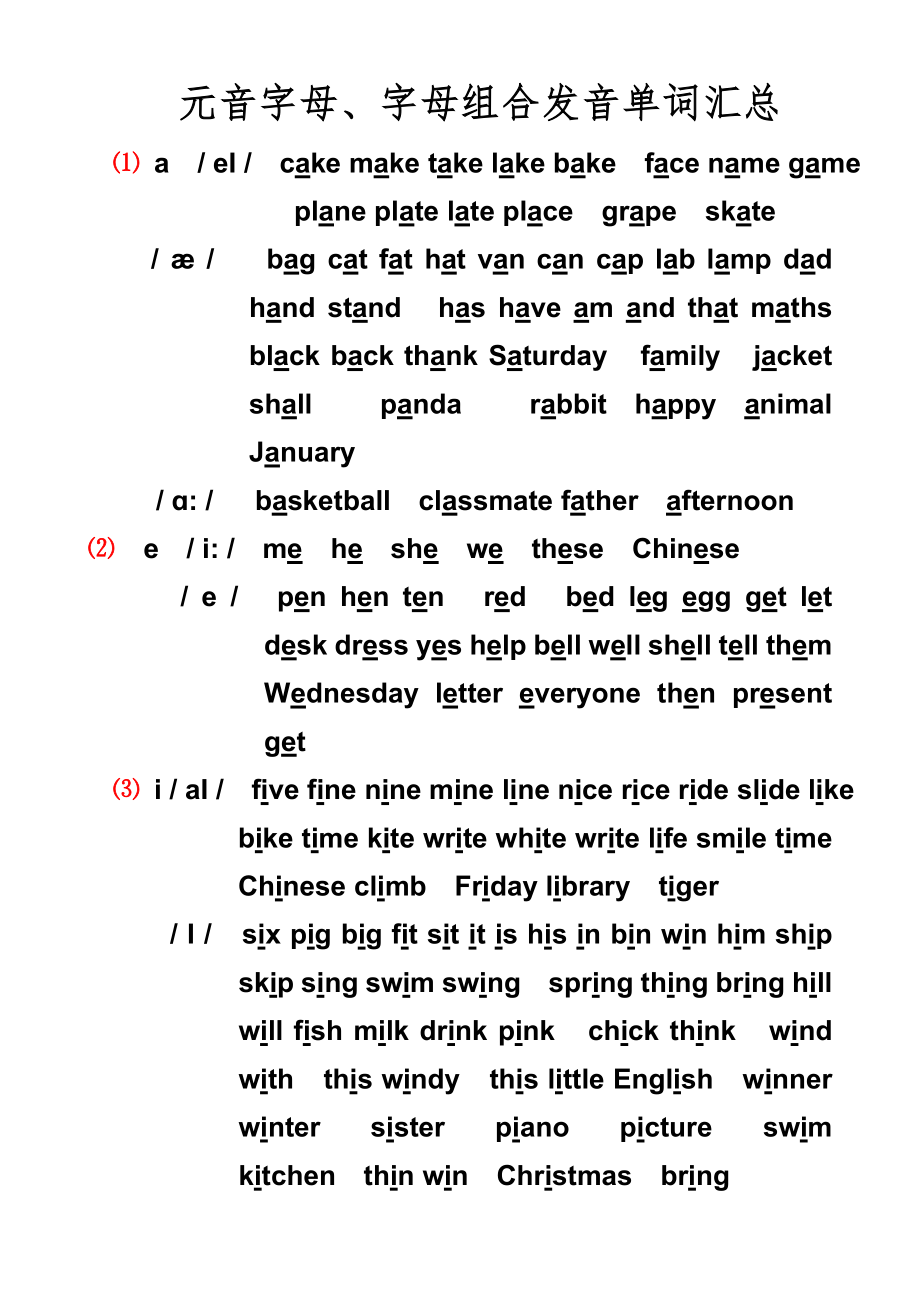 元音字母、字母组合发音单词汇总(四年级下)_第1页
