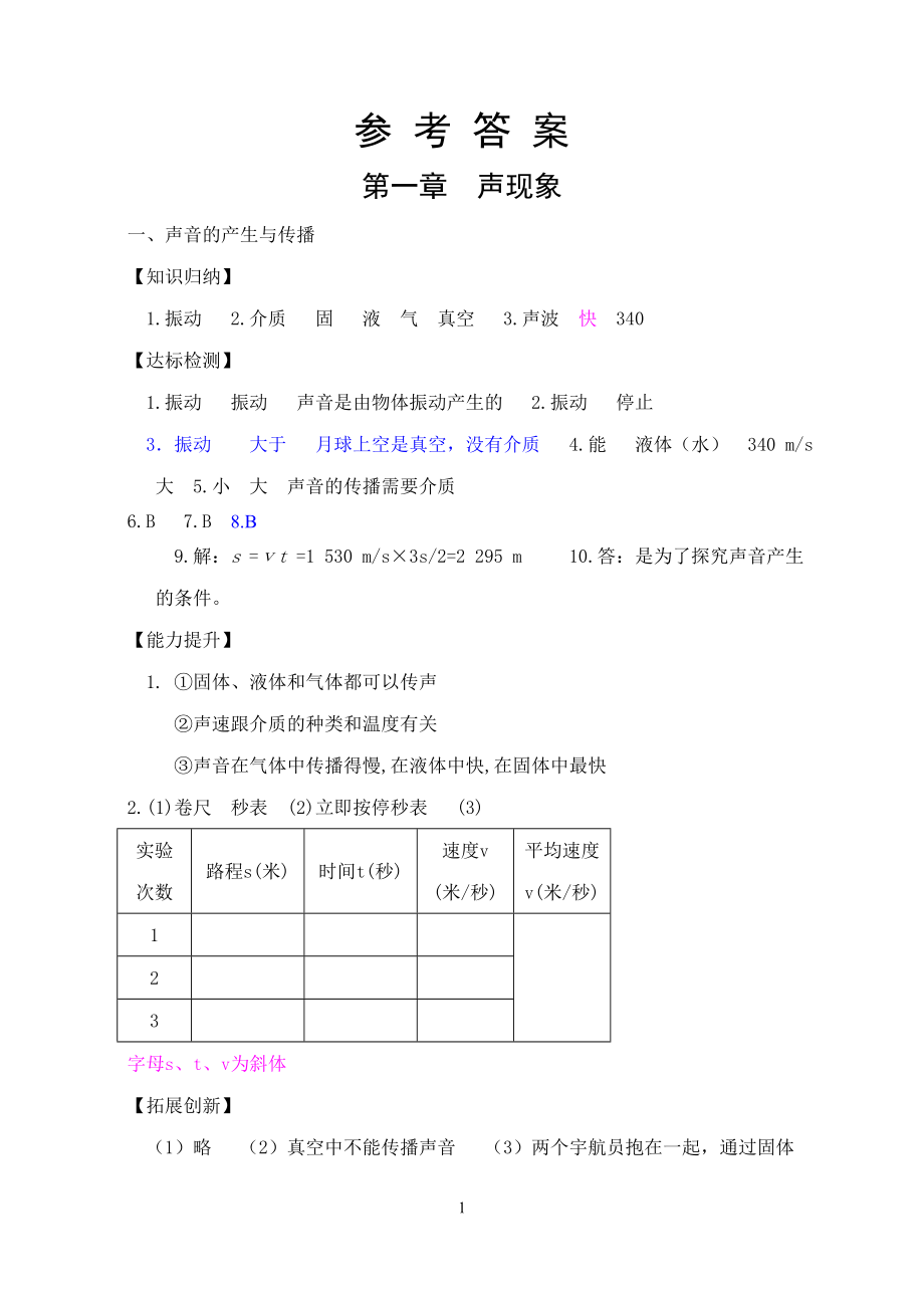 《新课程学习辅导(人教版)物理(八年级上)》参考答案(2010年8月印刷版的答案,2010年9月出版社发来)_第1页