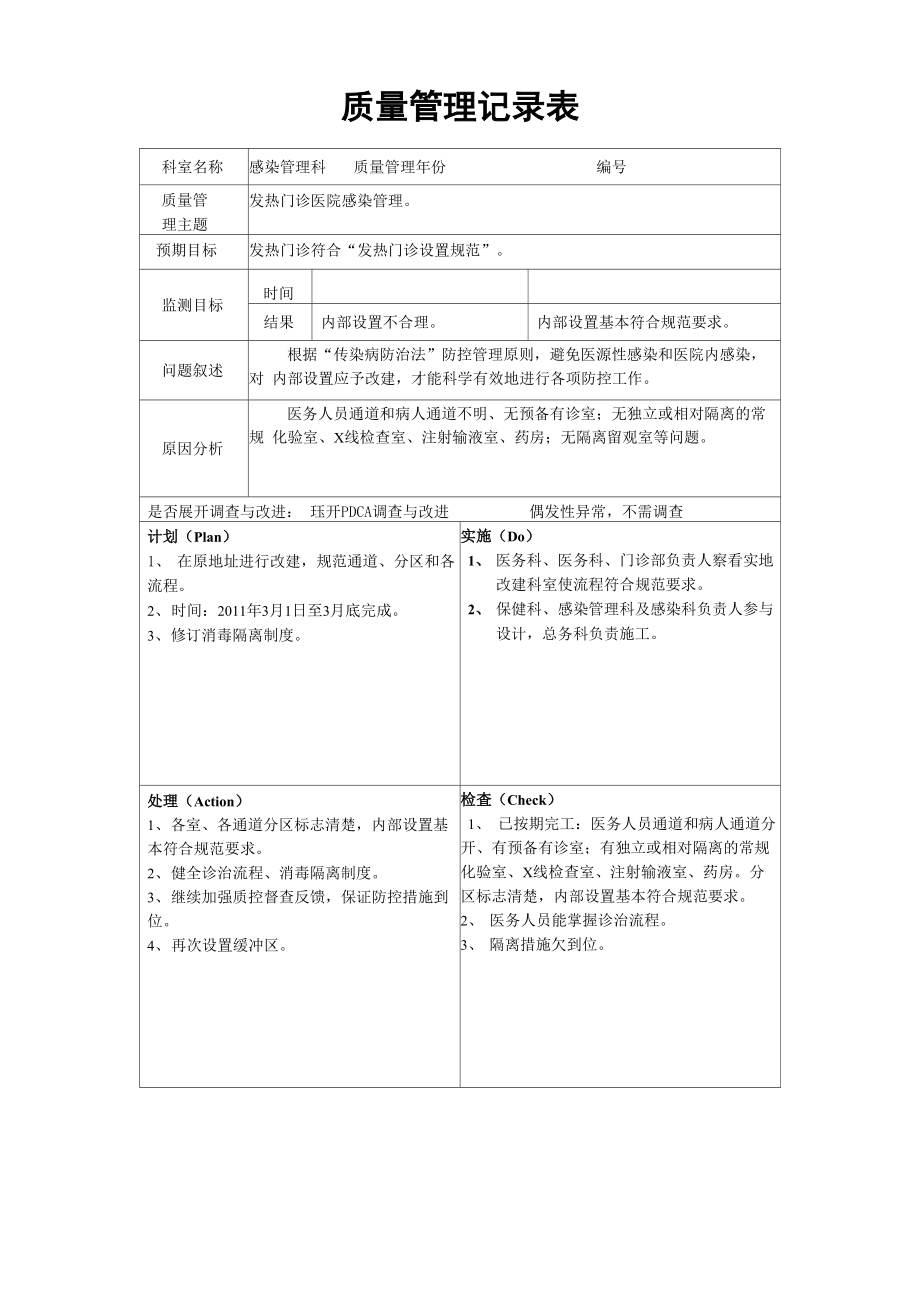 发热门诊医院感染管理PDCA持续质量改进记录表PDCA模板_第1页