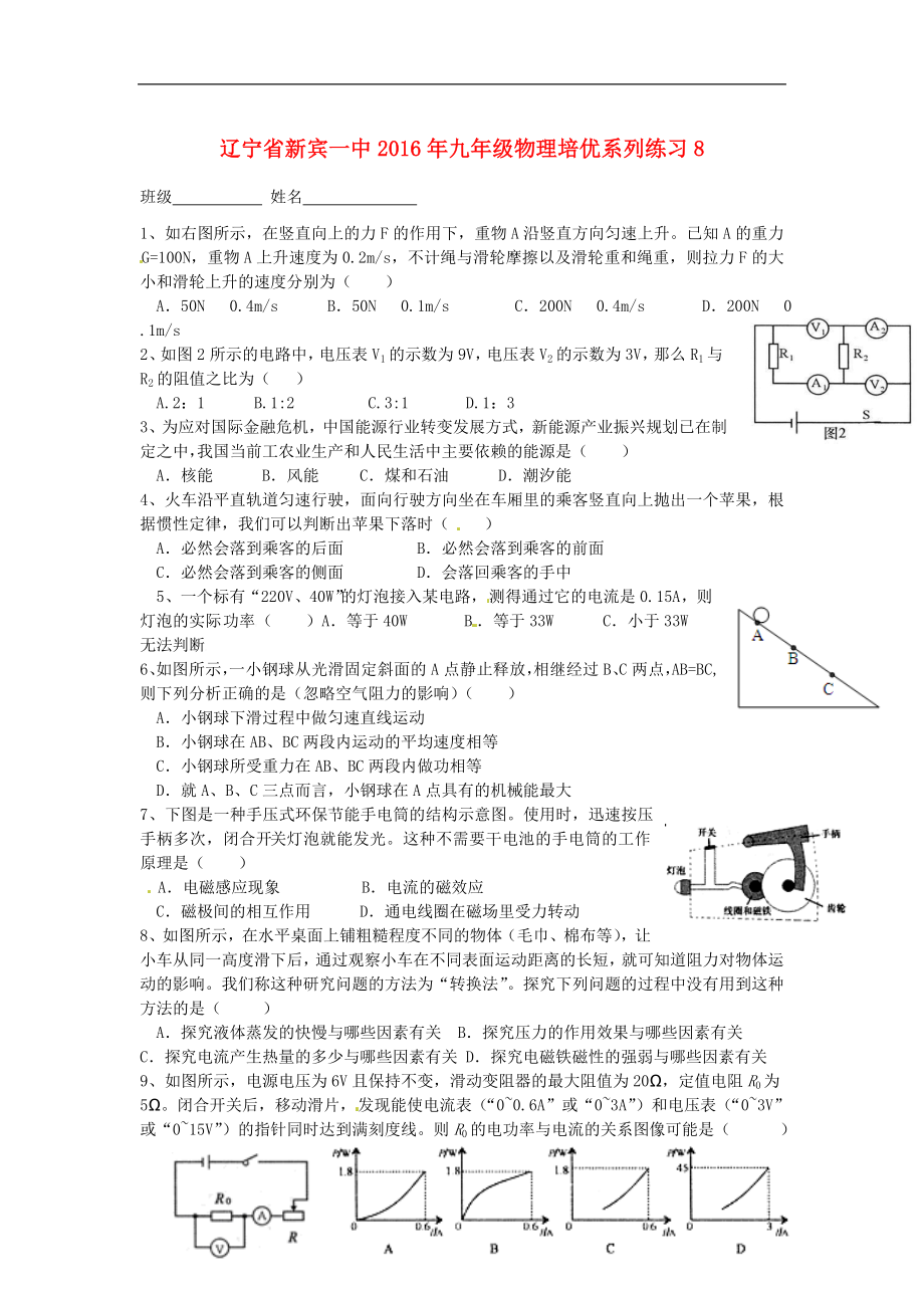 辽宁省新宾一中九年级物理培优系列练习8无答案新人教版_第1页