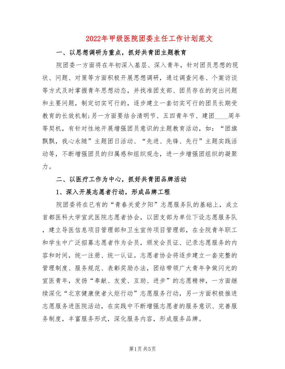 2022年甲级医院团委主任工作计划范文_第1页