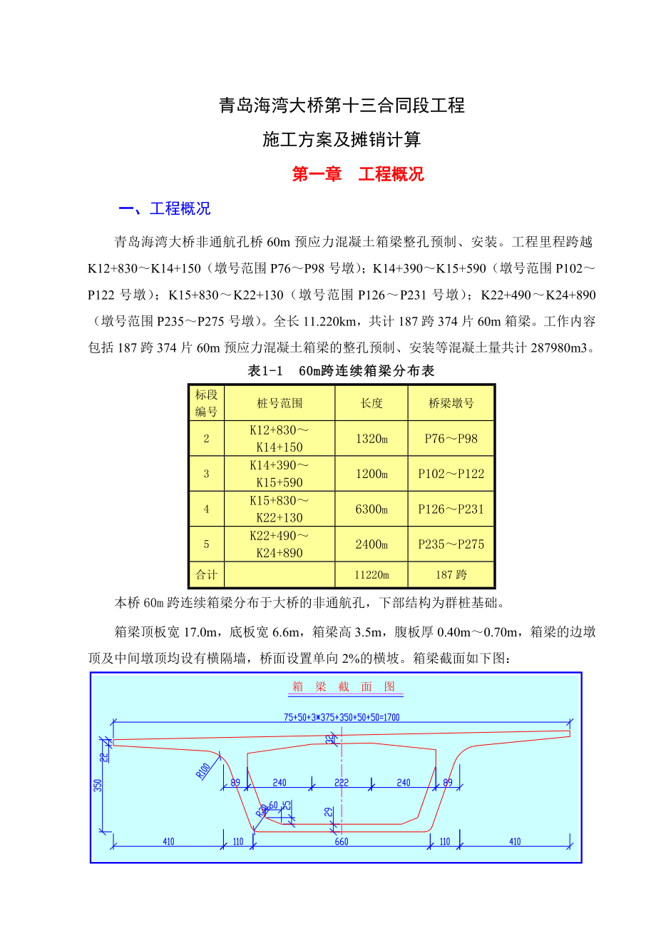 青岛海湾大桥第十三合同段工程施工方案及摊销计算_第1页