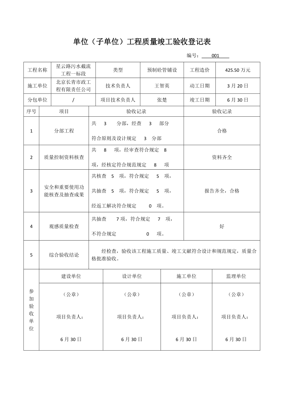 单位子单位工程质量竣工验收记录表_第1页