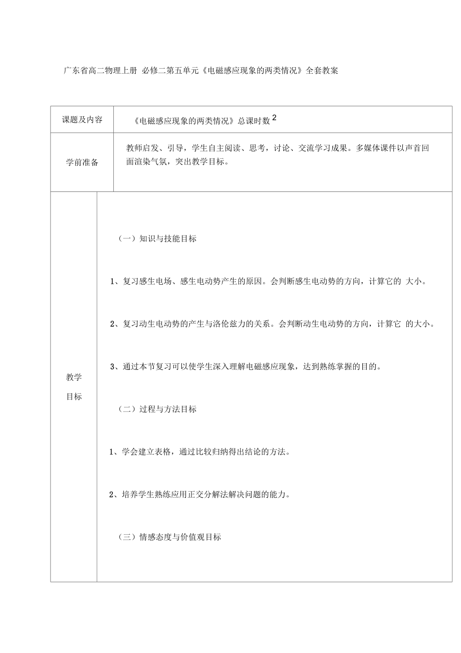 廣東省高二物理上冊必修二第五單元《電磁感應現(xiàn)象的兩類情況》全套教案_第1頁