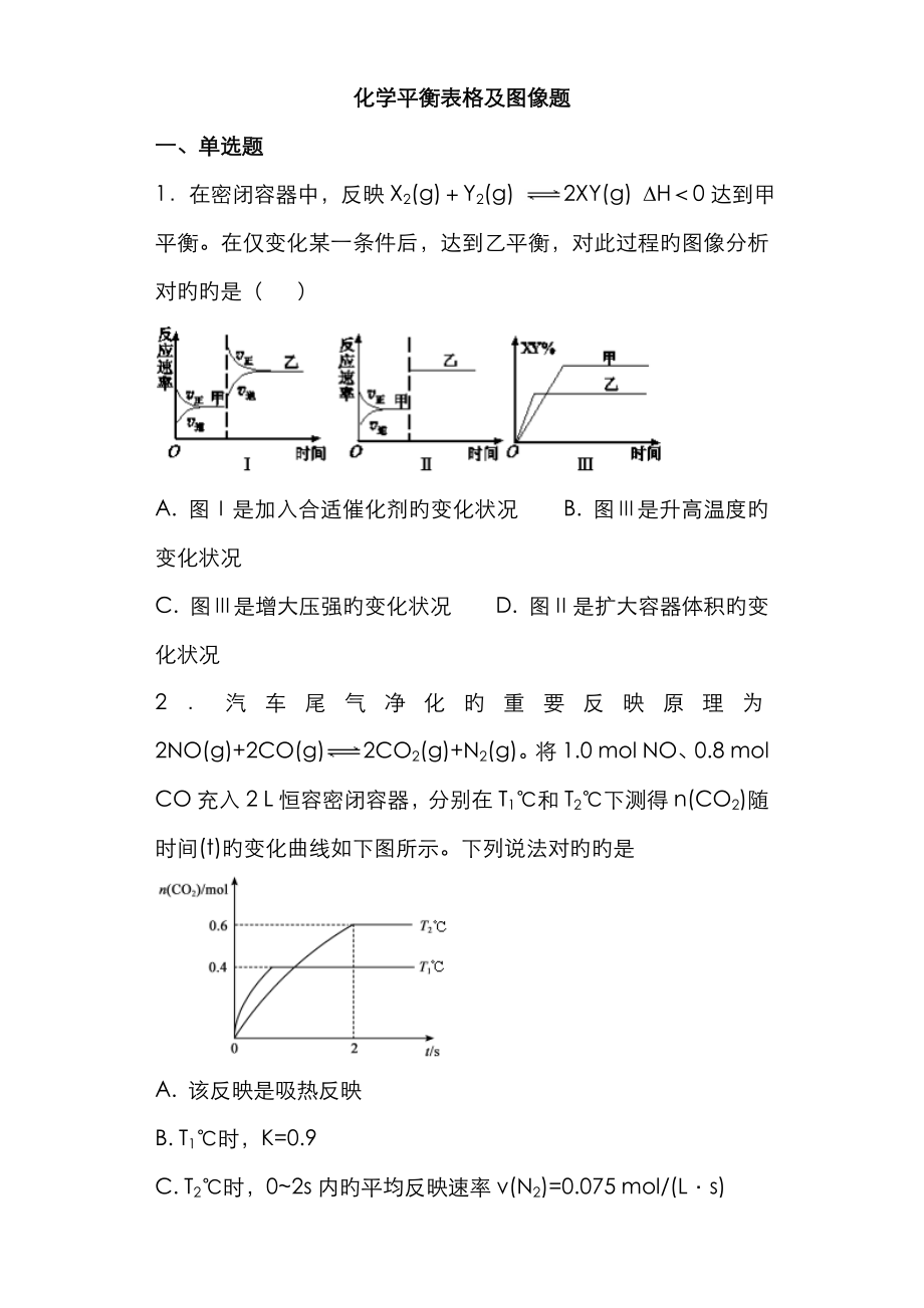 高考化学二轮复习化学平衡表格及图像题作业全国通用_第1页