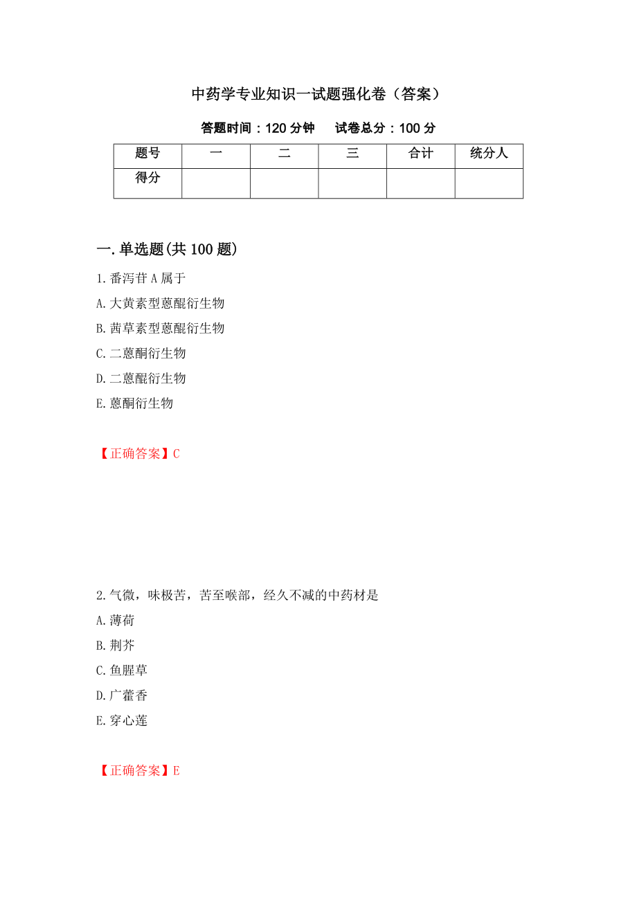 中药学专业知识一试题强化卷（答案）23_第1页