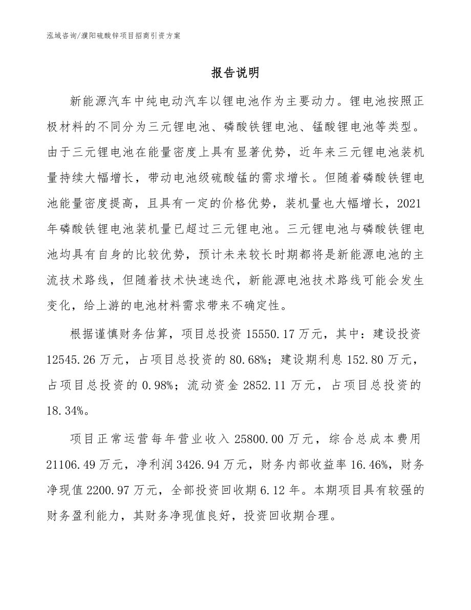 濮阳硫酸锌项目招商引资方案模板_第1页