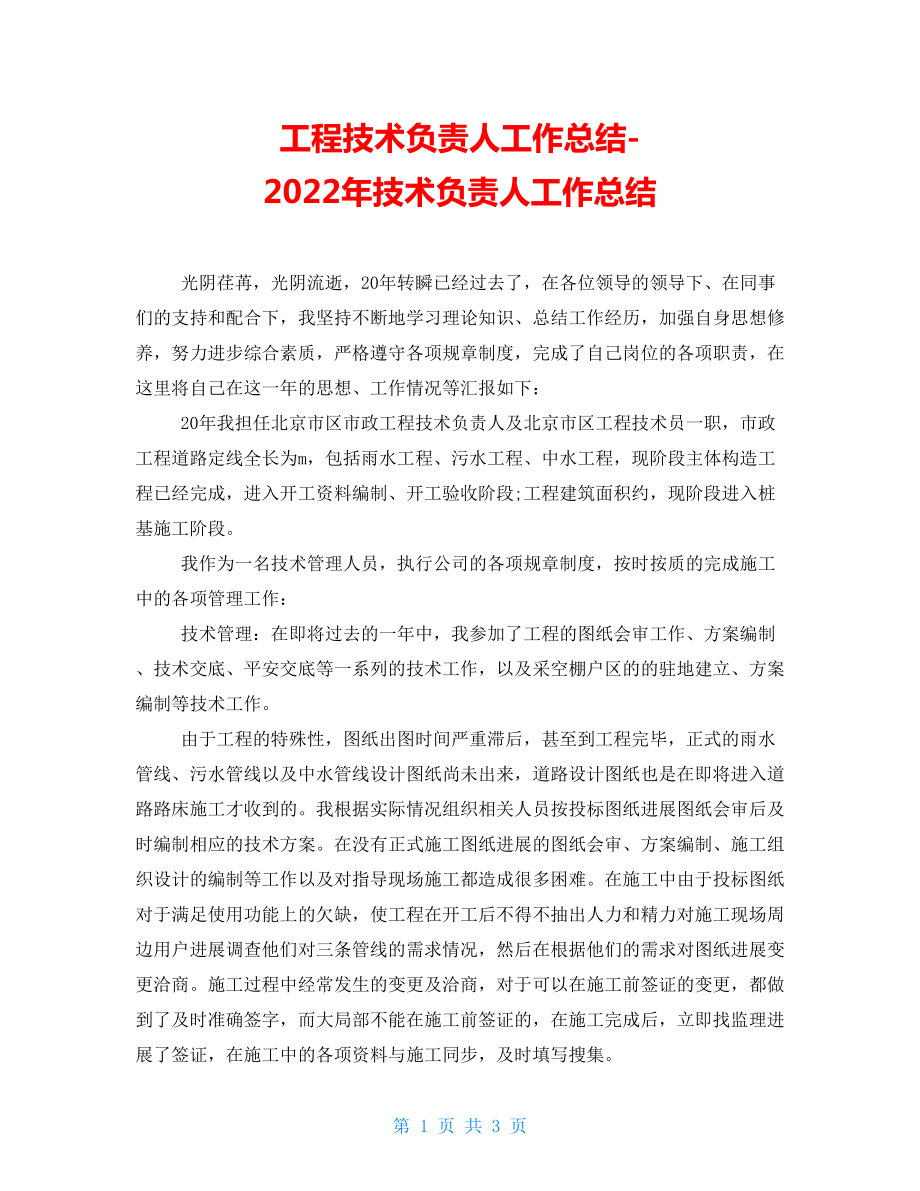 工程技术负责人工作总结2022年技术负责人工作总结_第1页