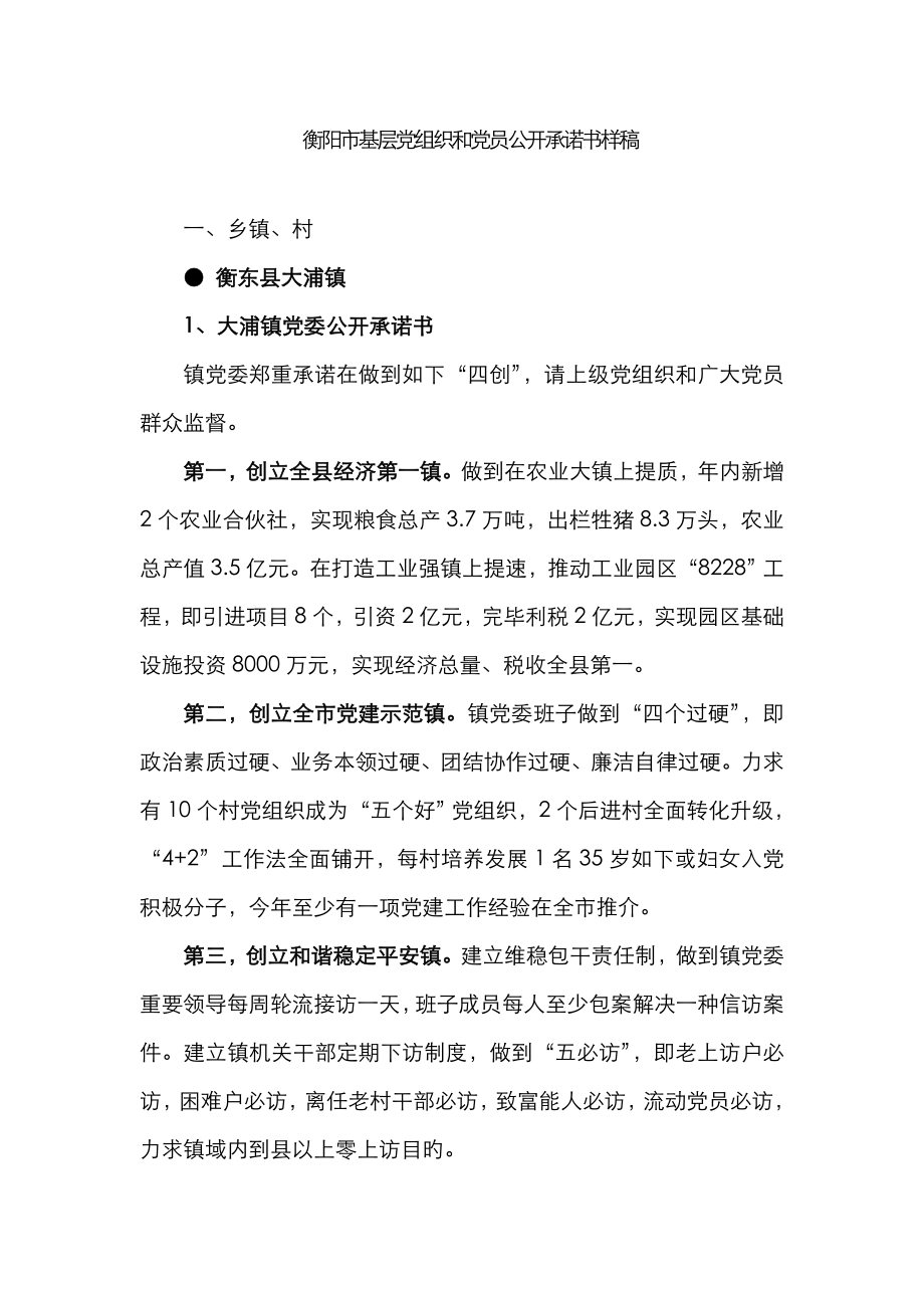 衡阳市基层党组织和党员公开承诺书样稿_第1页