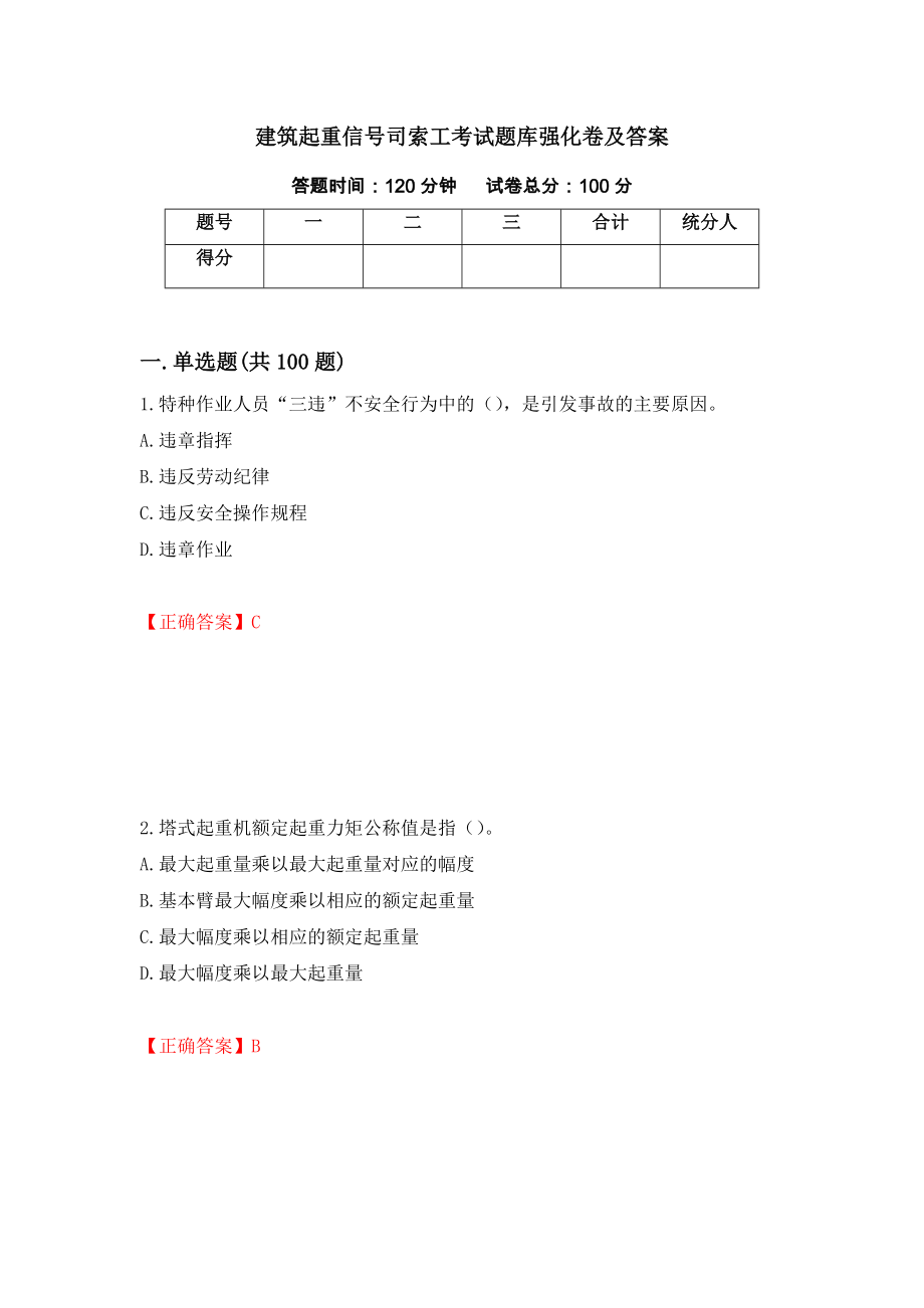 建筑起重信号司索工考试题库强化卷及答案（第1套）_第1页