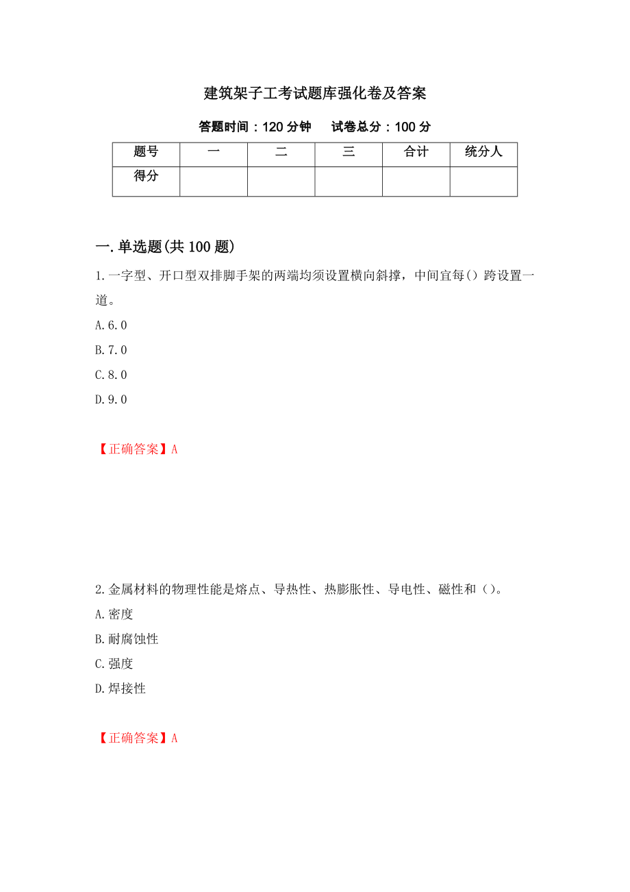 建筑架子工考试题库强化卷及答案（第79版）_第1页