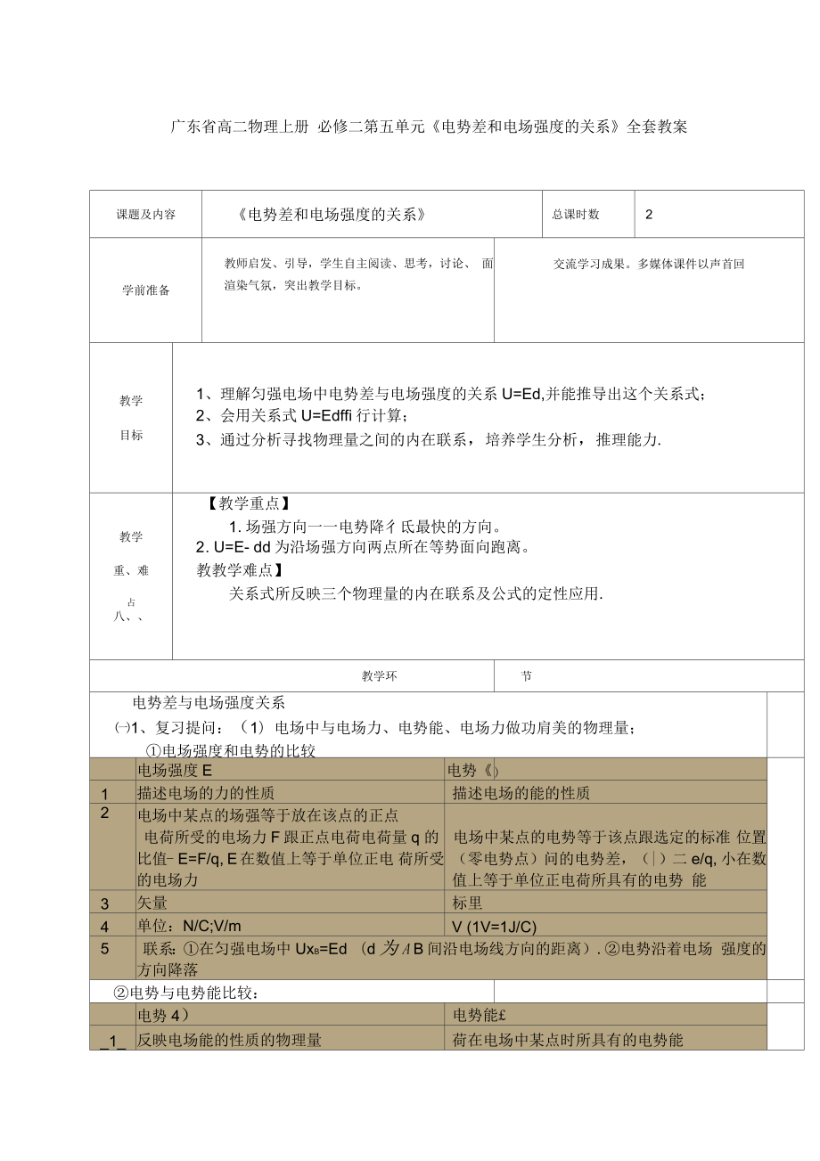 廣東省高二物理上冊必修二第五單元《電勢差和電場強度的關系》全套教案_第1頁