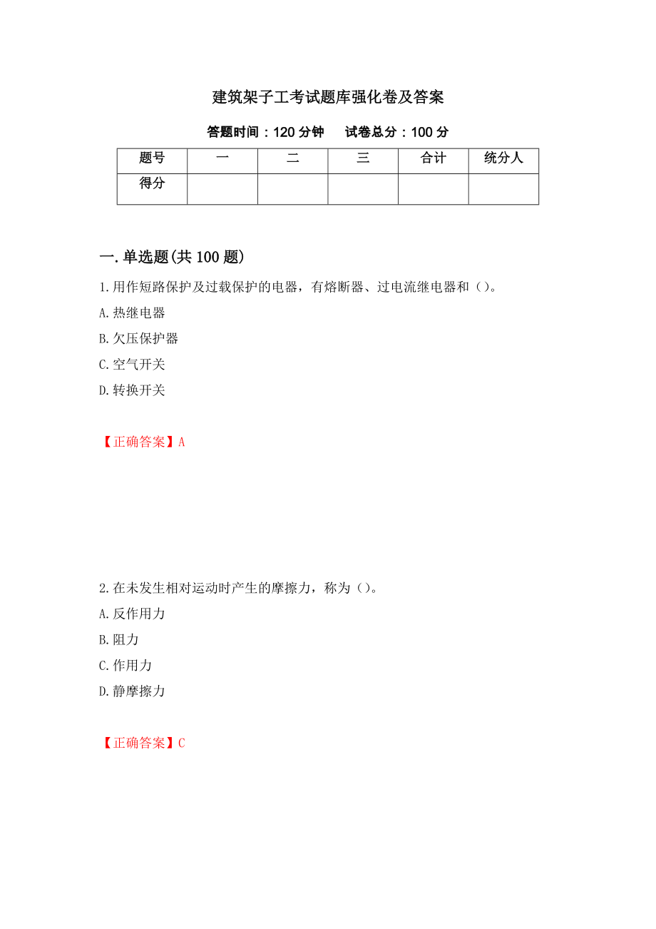 建筑架子工考试题库强化卷及答案（第91套）_第1页