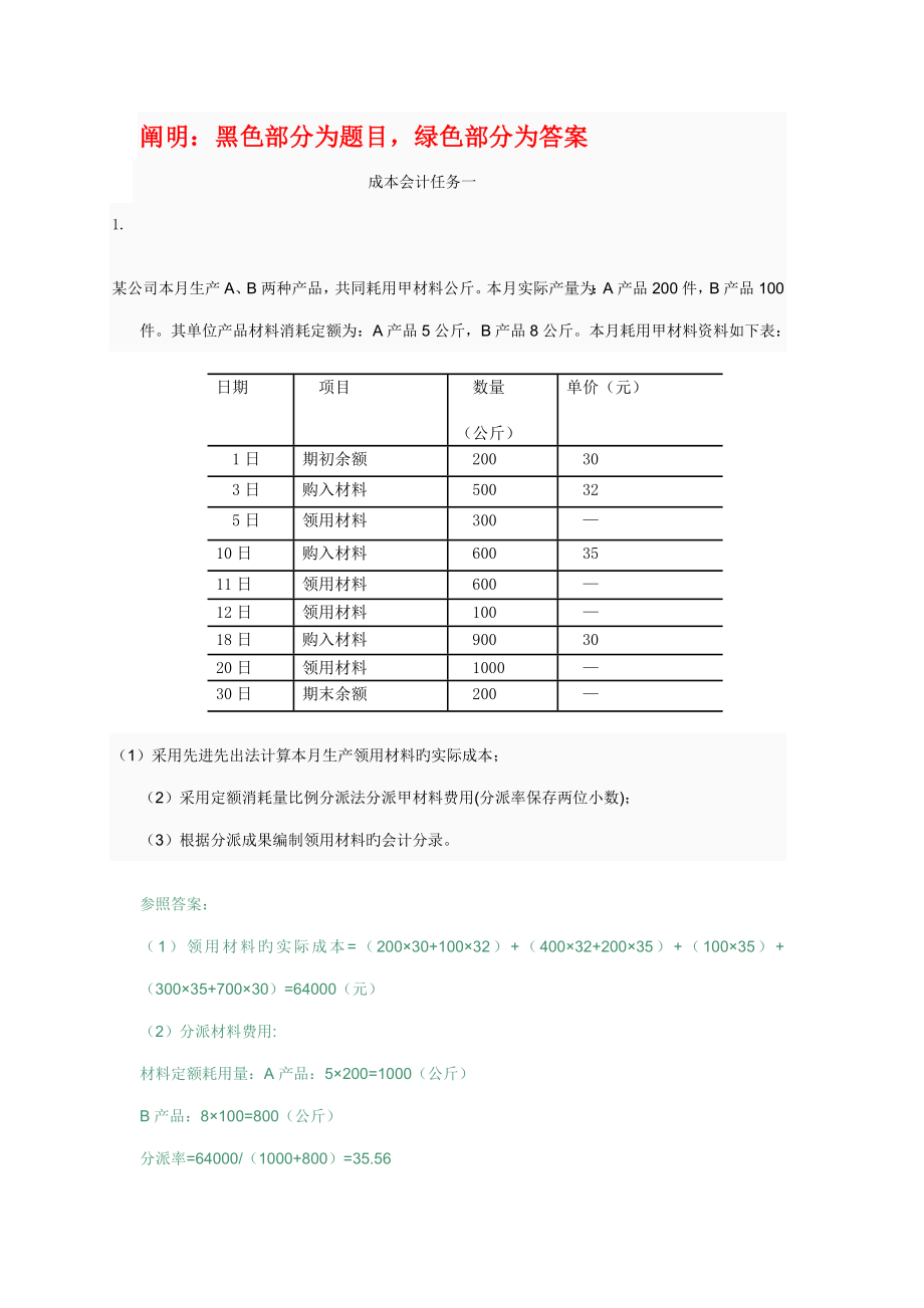 2022电大会计专科成本会计形考任务答案_第1页