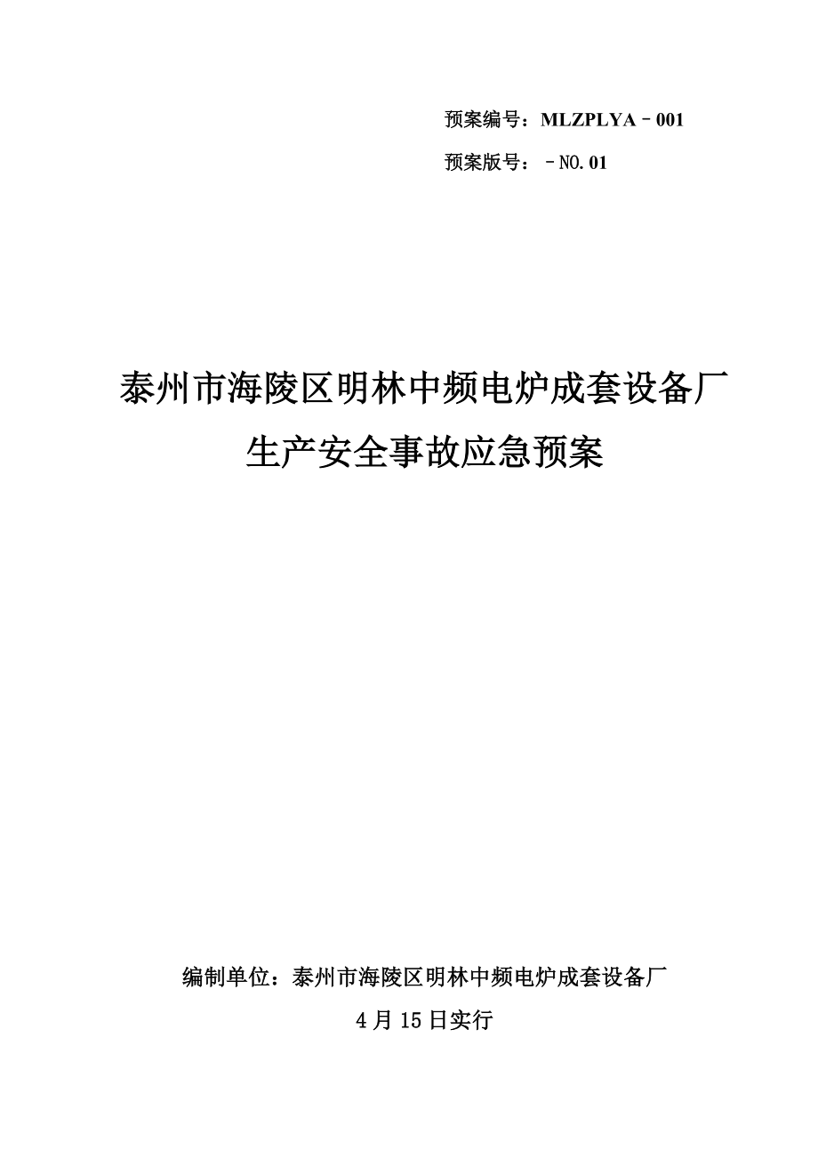 电炉成套设备厂生产安全事故应急全新预案_第1页