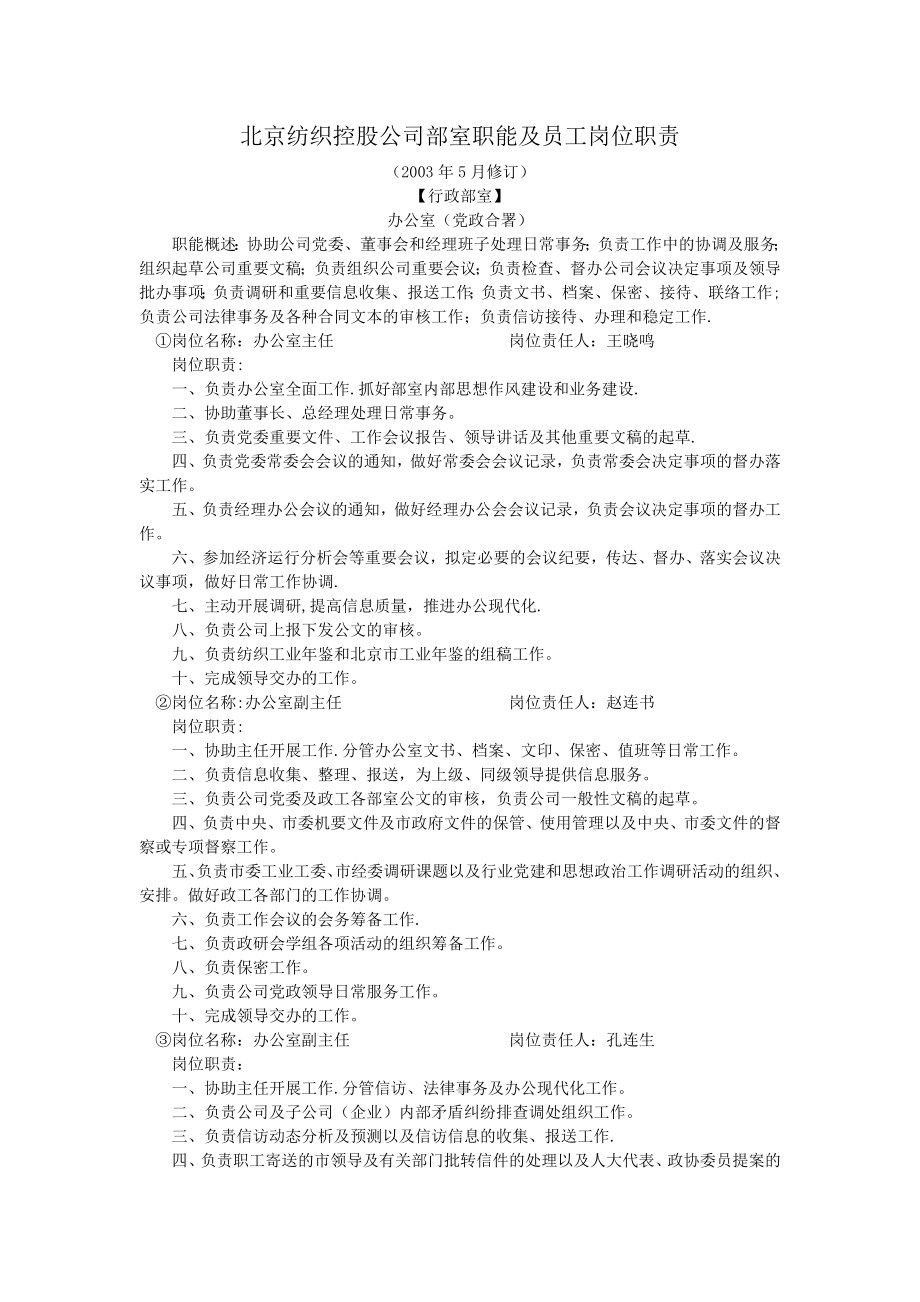 北京纺织控股公司部室职能及员工岗位职责_第1页