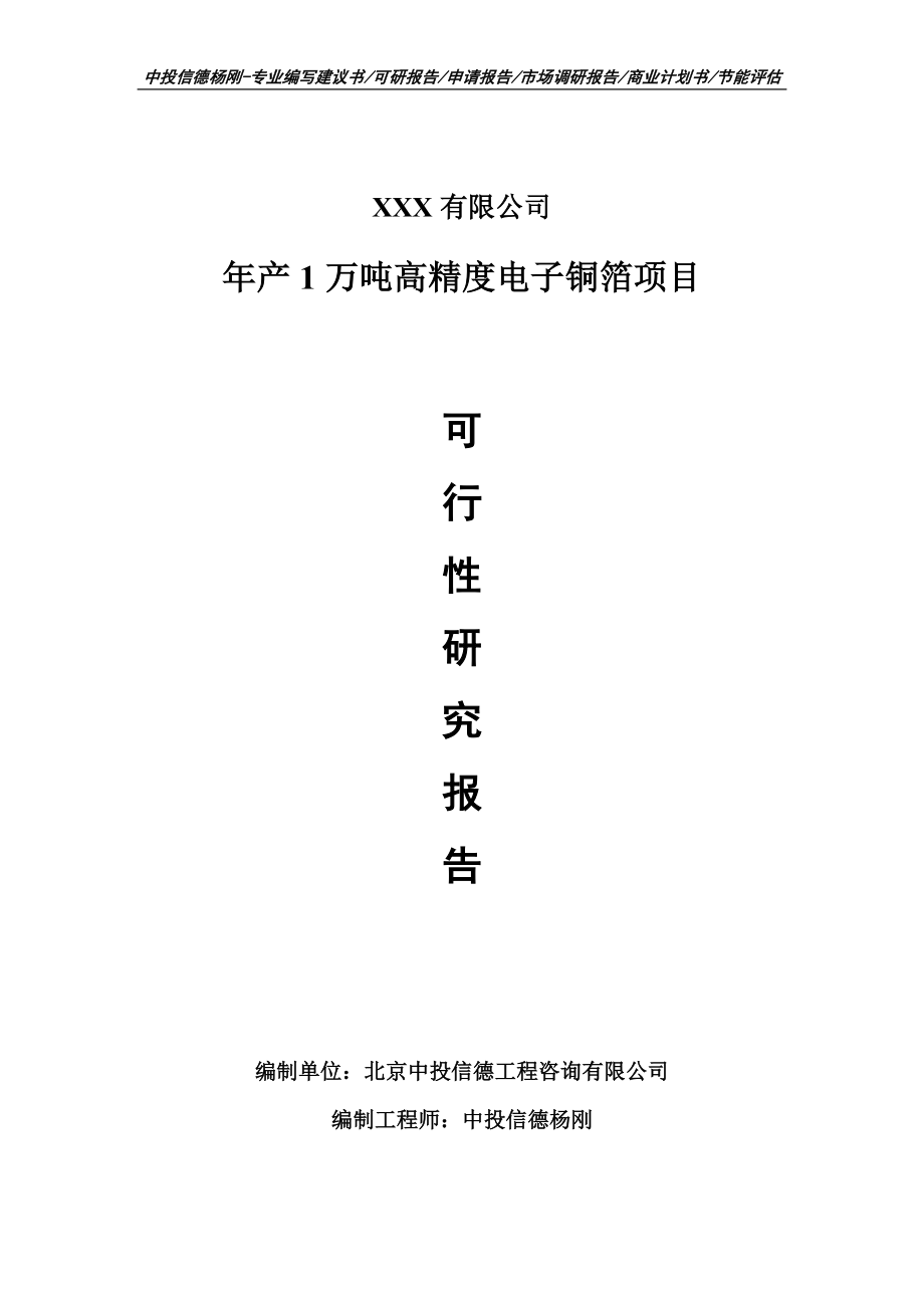 年产1万吨高精度电子铜箔项目可行性研究报告申请建议书案例_第1页