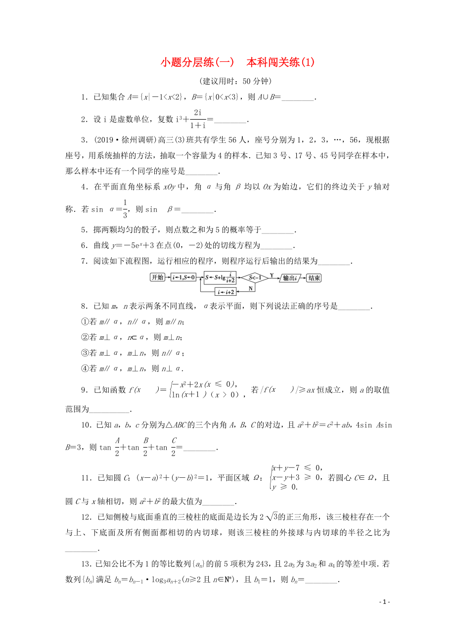 （江蘇專用）2020版高考數(shù)學三輪復習 小題分層練（一）本科闖關練（1） 文 蘇教版_第1頁