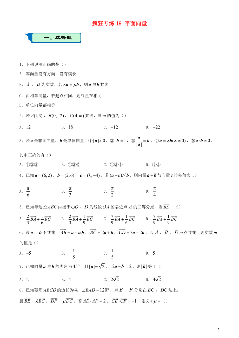 2020屆高考數(shù)學(xué)二輪復(fù)習(xí) 瘋狂專練19 平面向量（理）_第1頁